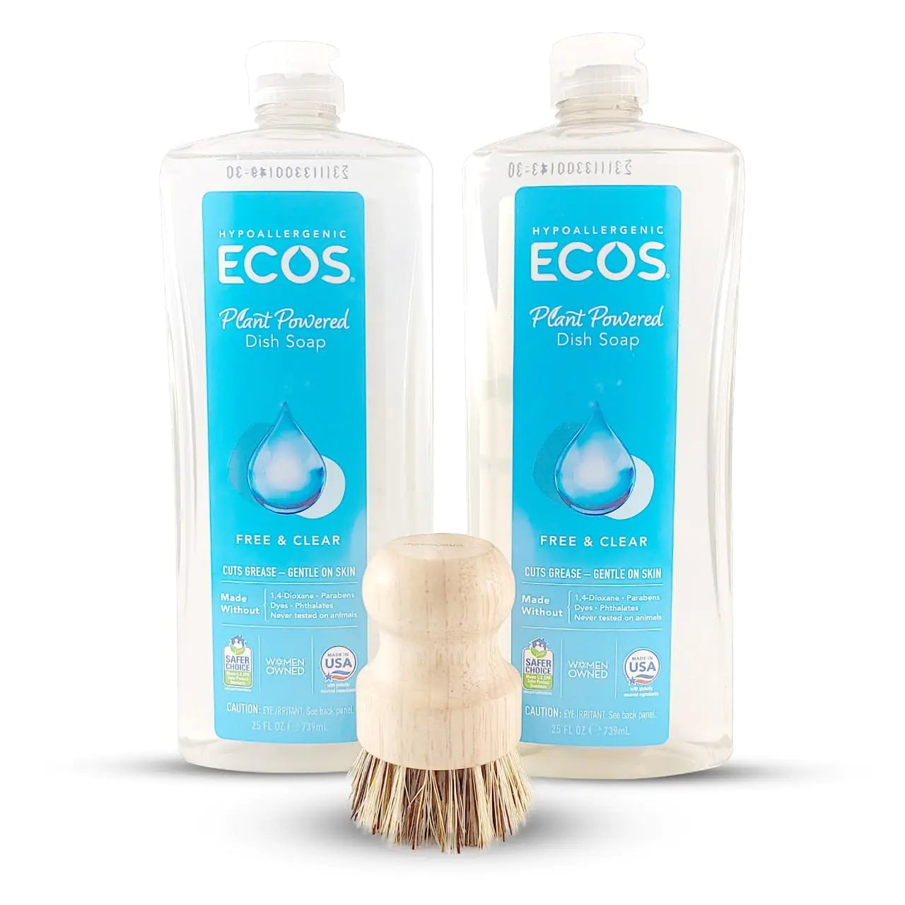 Unscented Dish Soap Liquid Hypoallergenic Cleaning Bundle with 3 Items ECOS Unscented Clear Liquid Dishwashing Soap With Biodegradable Formula & Natural Sisal Dish Scrub Brush