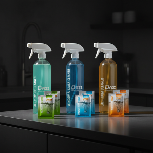 DAZZ Whole House Starter Kit (3 Reusable Spray Bottles 6 Refills) Natural All Purpose Cleaner Glass and Window Cleaner and Bathroom Cleaner - Eco Friendly Non Toxic