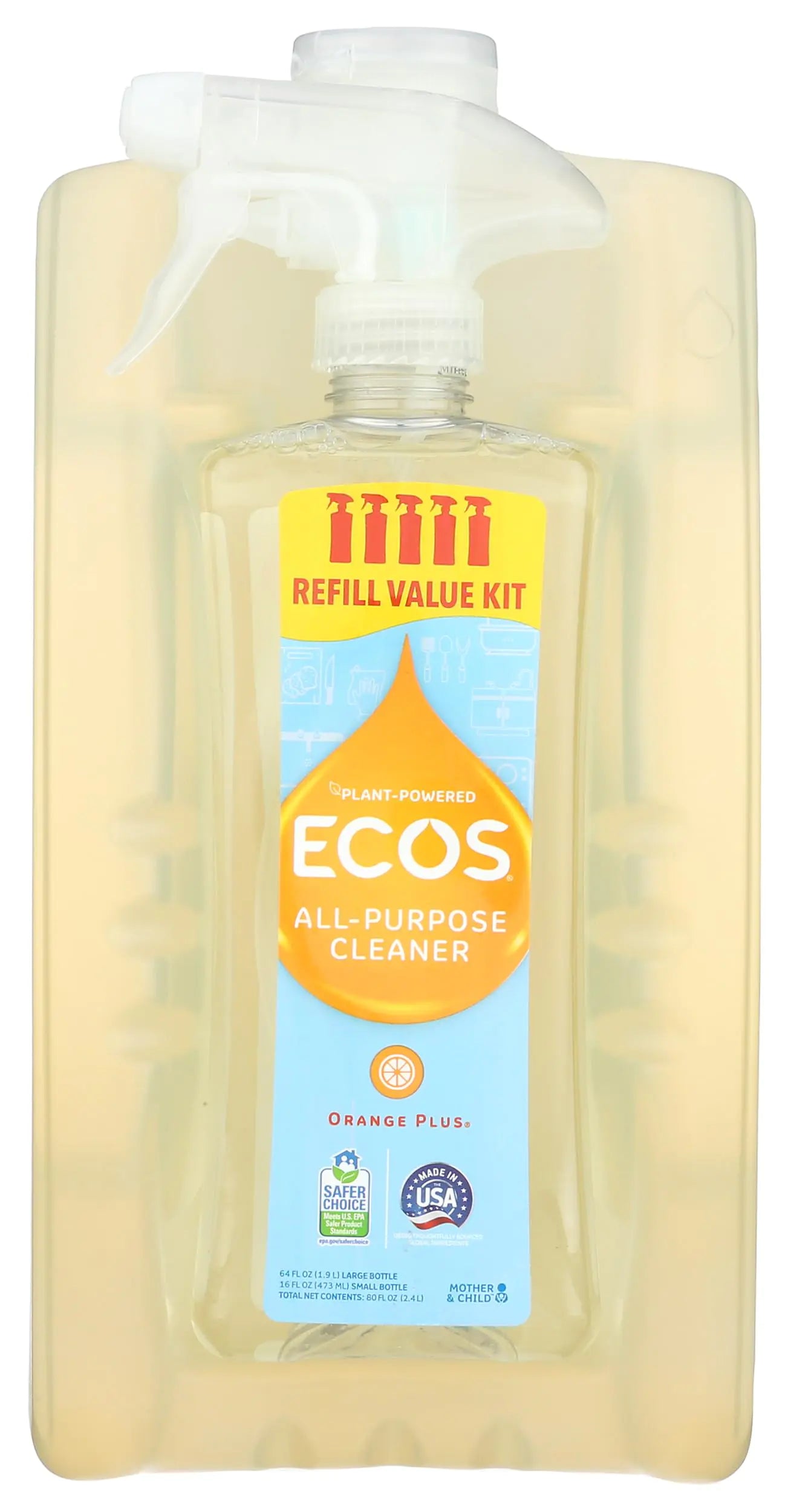 ECOS Non-Toxic All-Purpose Cleaner Orange 1 Small and 1 Large 80 oz Bottles by Earth Friendly Products