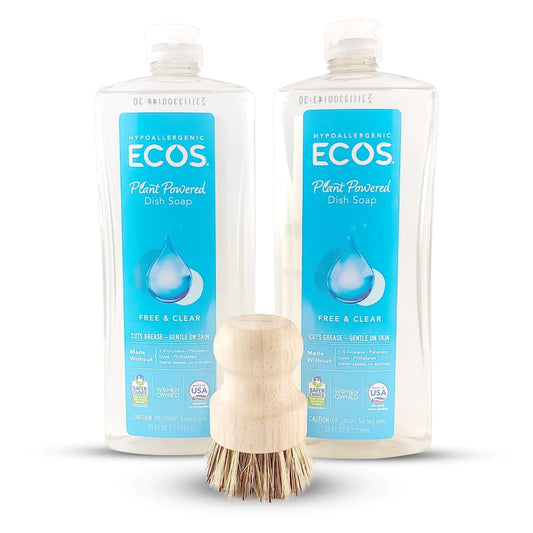 Unscented Dish Soap Liquid Hypoallergenic Cleaning Bundle with 3 Items ECOS Unscented Clear Liquid Dishwashing Soap With Biodegradable Formula & Natural Sisal Dish Scrub Brush