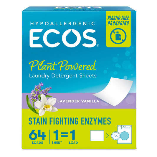 ECOS Laundry Detergent Sheets Vegan No Plastic Jug No Mess & Liquid Free - Laundry Sheets in Washer - Hypoallergenic Plant Powered Laundry Detergent Sheets - Lavender Vanilla - 64 Sheets(Pack of 1)